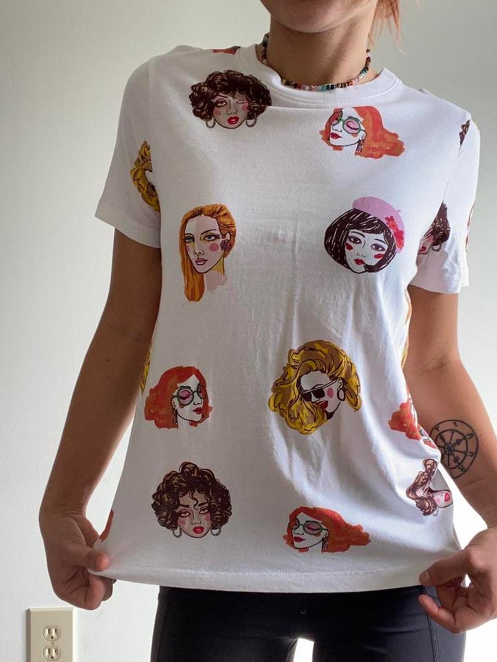 Women's White Graphic Face Print Tee